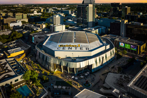 an aerial view of the civic center arena in downtown