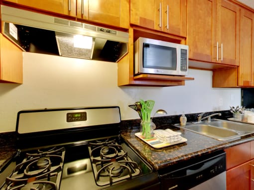 The Post Apartments kitchen area with stainless steel appliances