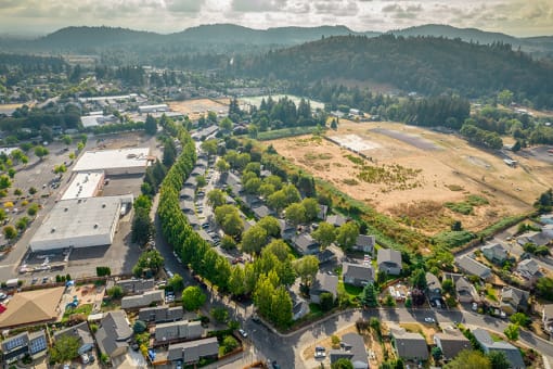 Aerial view looking down at community at Township Eastside, Portland, 97236