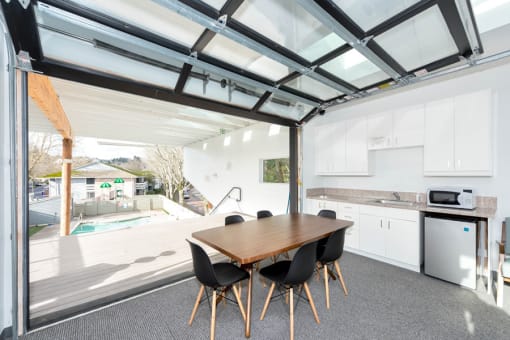 seating area overlooking pool at Township Eastside, Portland, Oregon