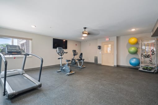 Gym with Tradmill, Stationary Bike Machines, Mats, Equipment, Large Window, Ceiling Fan, and TV at VINTAGE AT CITI VISTA, Nevada