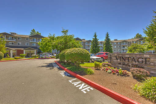 Entrance and sign at VINTAGE AT HOLLY VILLAGE SENIORS Apartments, Everett, WA, 98204