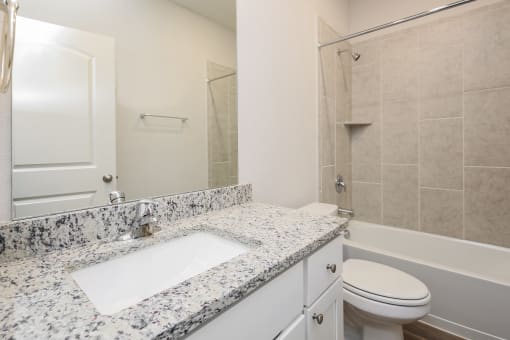  Three Bedroom single family homes for rent in fort Worth, TX- Oak Ridge - An interior shot of the bathroom featuring granite countertops and a large mirror