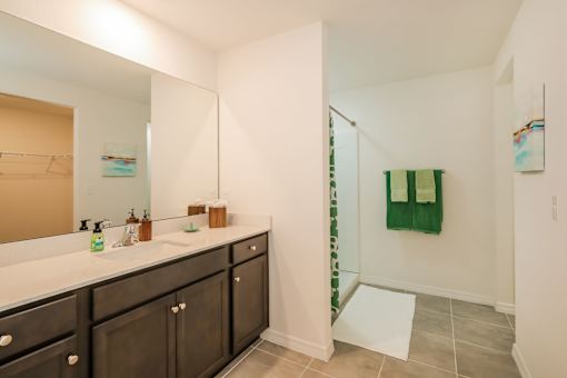 A bright, modern bathroom with dark wood vanity and green accents is captured in this well-lit image.