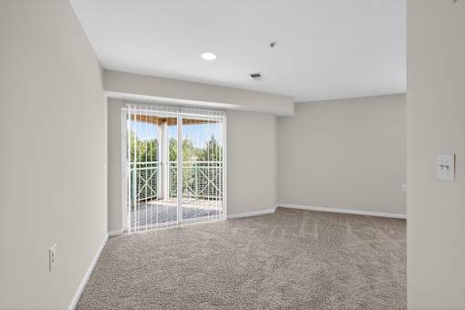 A room with a carpeted floor and a sliding glass door leading outside.