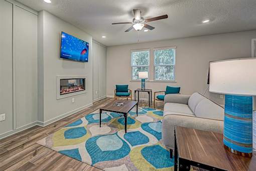 a living room with a couch and a coffee table
