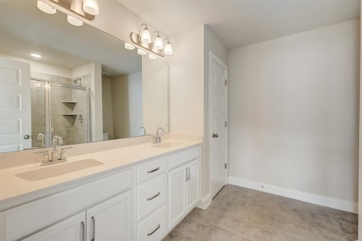 a bathroom with a large mirror and two sinks