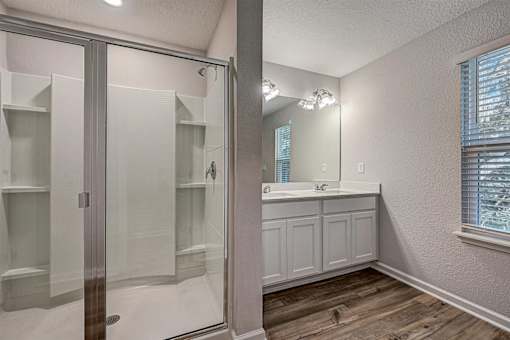 a bathroom with a shower and a sink