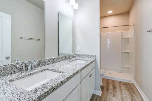 a bathroom with two sinks and a large mirror
