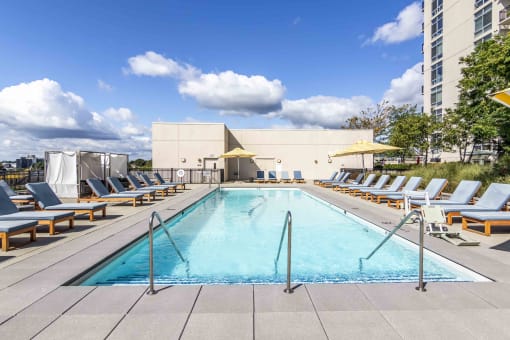 Rooftop pool with lounge chairs