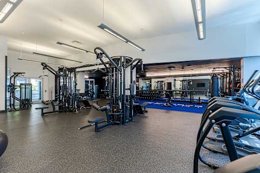 A gym with a variety of equipment including treadmills, weights, and exercise machines.