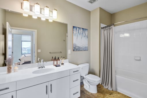 bathroom with white vanity and tub shower