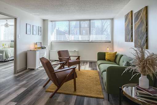 Spacious living room at Idlewild 45 Apartments in Midtown Memphis with open layout and contemporary design