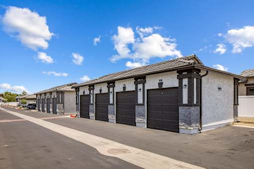 A row of garage doors are closed.