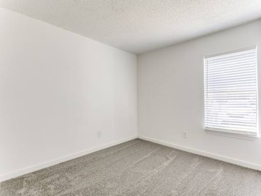 a bedroom with a window and a carpeted floor