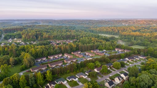 an aerial view of a neighborhood with houses and trees
