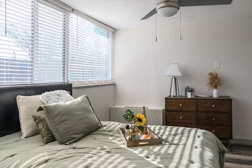 Bedroom at Idlewild 45 Apartments in Memphis TN with large window, ceiling fan, and neutral finishes