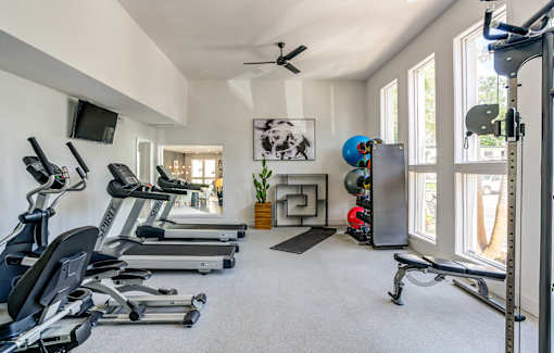 A spacious home gym with treadmills, exercise equipment, and a television.