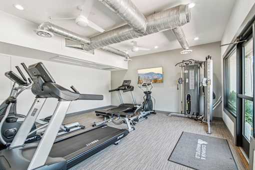 Studios in North Mountain Village, Phoenix, AZ - Ardella on 28th - Fitness Center With Treadmills, Cardio Equipment, Cable Machine, Mounted Monitor, Exposed Ductwork, and Large Windows.