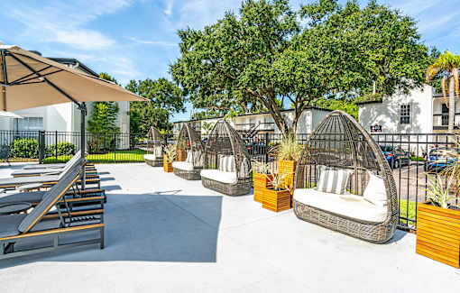 A sunny day at a resort with loungers and trees.