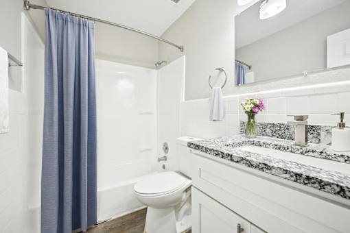 Modern bathroom with tub and shower in affordable Amber Grove apartment in Marietta GA