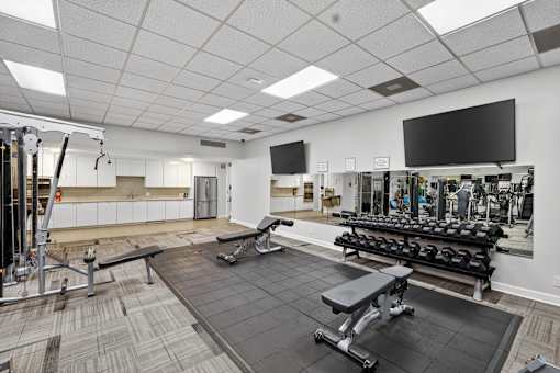 A gym with a variety of equipment including a bench press, a squat rack, and a television.