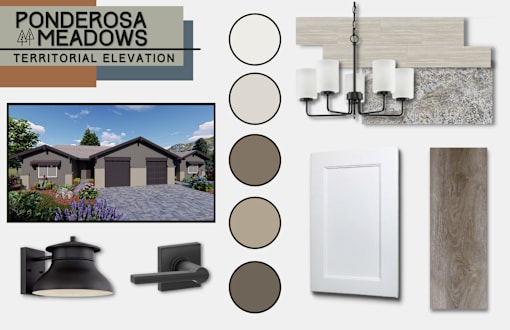 A collection of home decor items including a house, light fixtures, and paint swatches.