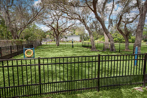 A black fence surrounds a green lawn with trees.