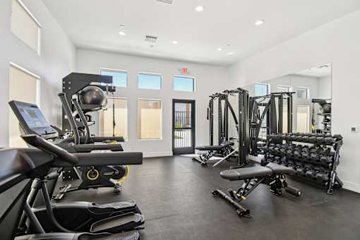 A spacious gym with a variety of equipment including treadmills, weight machines, and a bench press.