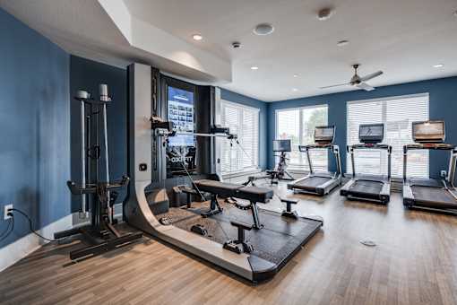 A spacious home gym with a variety of equipment including treadmills, elliptical machines, and a rowing machine.