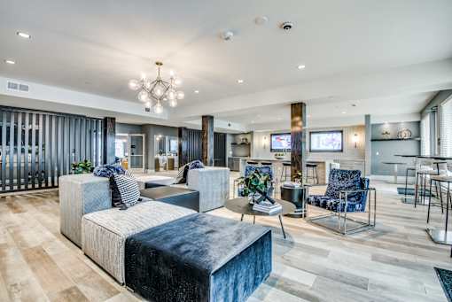 A modern living room with a grey sofa and a wooden floor.