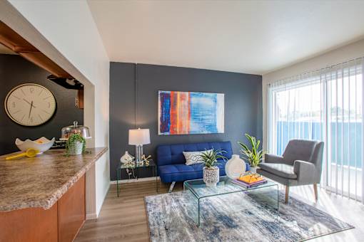 Tucson, AZ Apartments – Midtown on Seneca – Photo of Furnished Living Room with Woodstyle Flooring