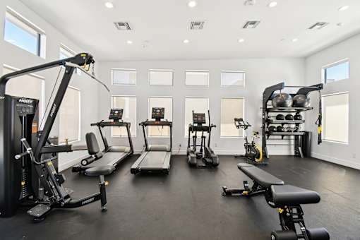 A gym with a variety of equipment including treadmills, stationary bikes, and weight machines.
