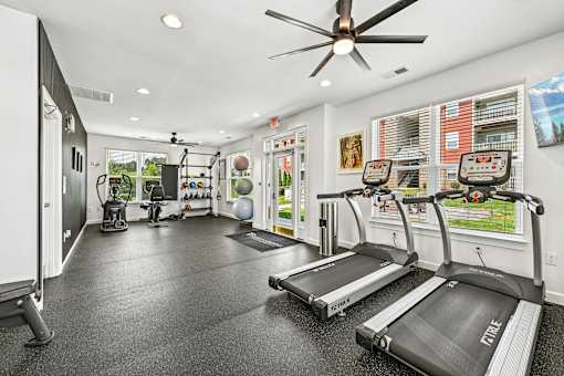 A spacious Hawks Landing fitness center in Hickory NC featuring treadmills and modern exercise equipment