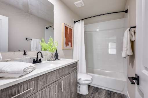 A bathroom with a white toilet and a white bathtub.