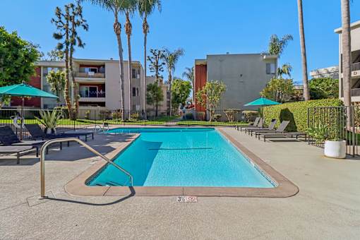 A swimming pool surrounded by palm trees and lounge chairs.