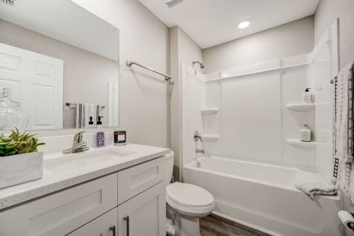 Pet-Friendly Rentals in Lady Lake, FL – The Groves at Lake Ella - white bathroom with a tub and a sink and a toilet