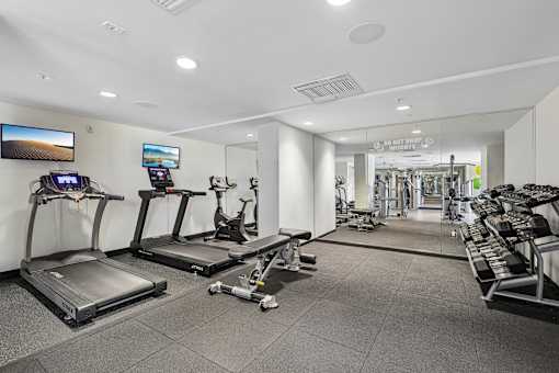 Fully equipped fitness center with cardio and strength training equipment at Riverview One Apartments in Downtown Miami near Brickell and Government Center.