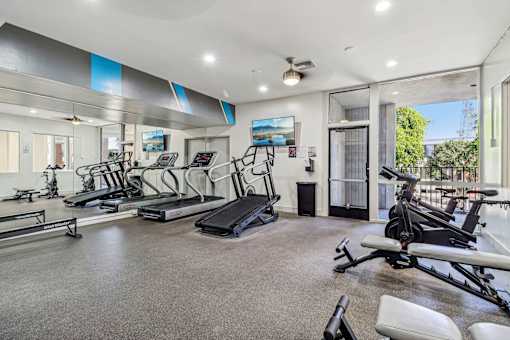 A spacious home gym with treadmills, elliptical machines, and other exercise equipment.