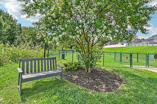 A park bench at Hawks Landing in Hickory NC sitting beside a fenced pet park