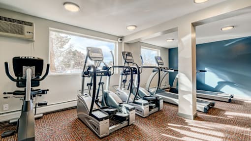 A home gym with a treadmill, elliptical trainer, and stationary bike.