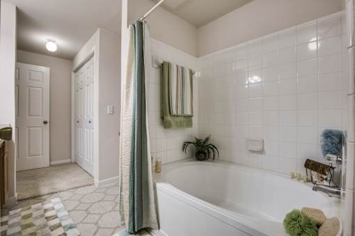 a bathroom with a tub and a shower and a door