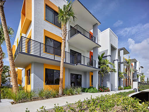 Exterior view of a modern outdoor building at Gateway Luxury Apartments in Pompano Beach