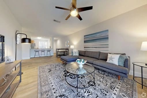 A living room with a grey couch and a rug.