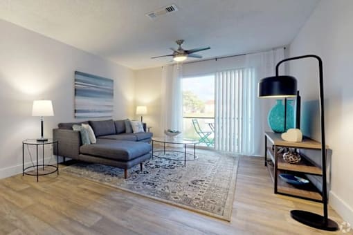 A living room with a grey couch, a black floor lamp, and a rug.