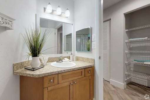 A bathroom with a sink, mirror, and wooden cabinets.