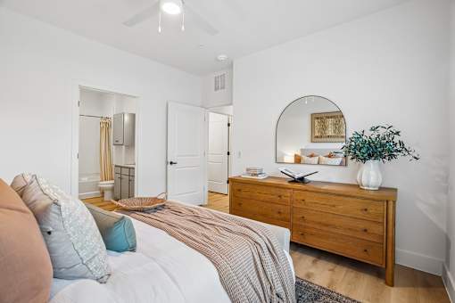 A bedroom with a bed, dresser, mirror, and a plant.