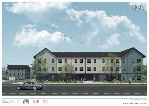 A rendering of a modern North Bend Family Housing complex.