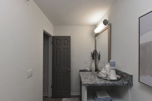 a bathroom with a sink and a mirror and a door
