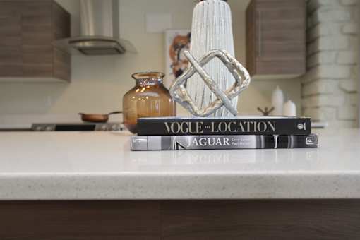 A book titled "Vogue Location Jaguar" sits on a countertop next to a vase and a decorative item.